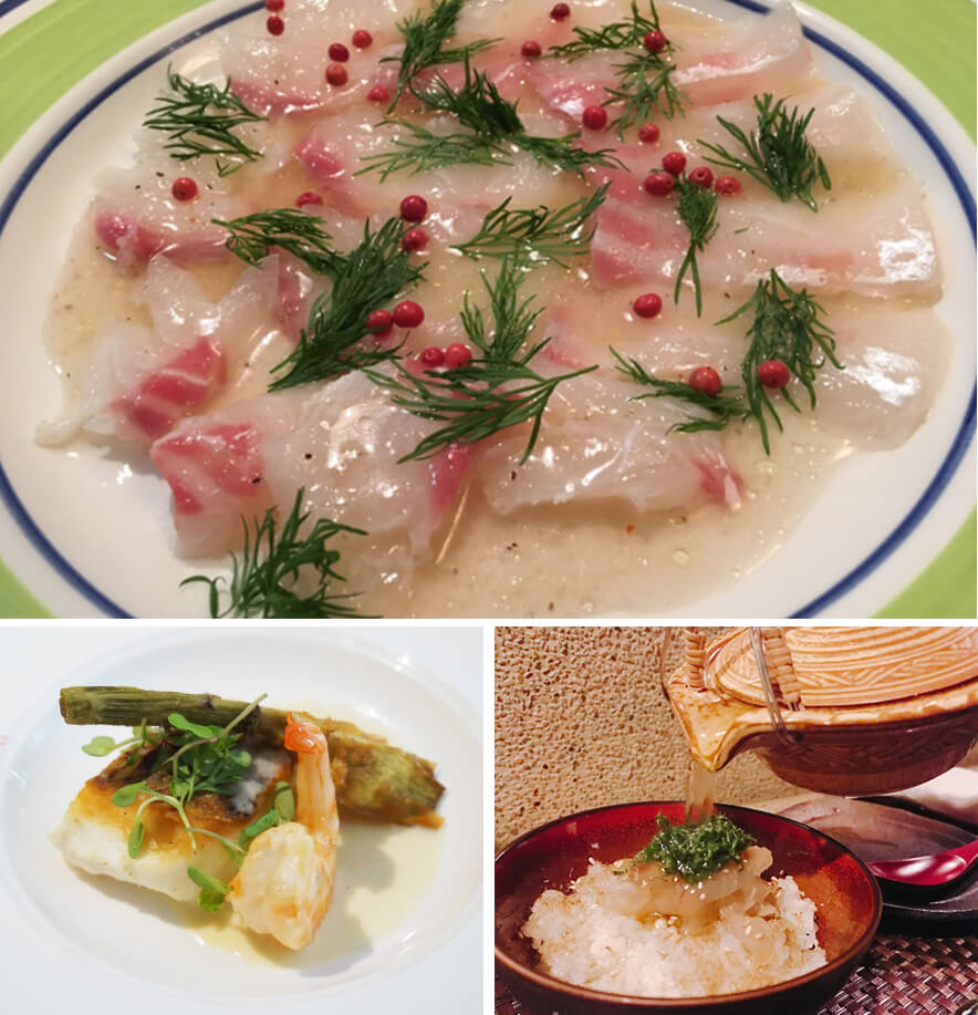 大：鯛のカルパッチョ,左下：鯛のポワレ,右下：鯛茶漬け